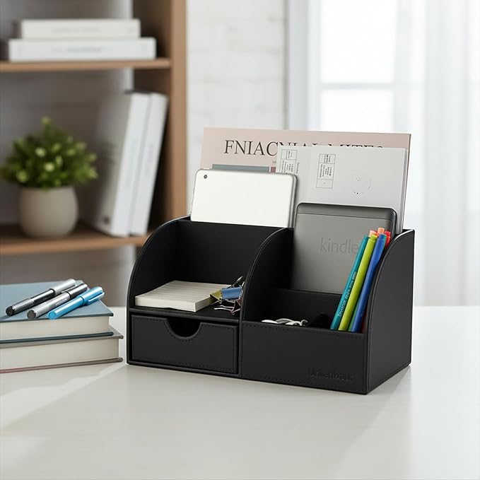 UnionBasic Desk Organizer - Multifunctional Leather Desktop Pen Holder Storage Box - Business Card/Pen/Pencil/Mobile Phone/Stationery Holder, Black