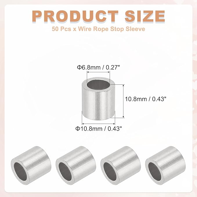uxcell 1/4"(6mm) Aluminum Crimping Loop Sleeve, Wire Rope Stop Sleeve Round Crimp Ferrules for Wire Rope and Cable Ferrule, Silver 50Pcs