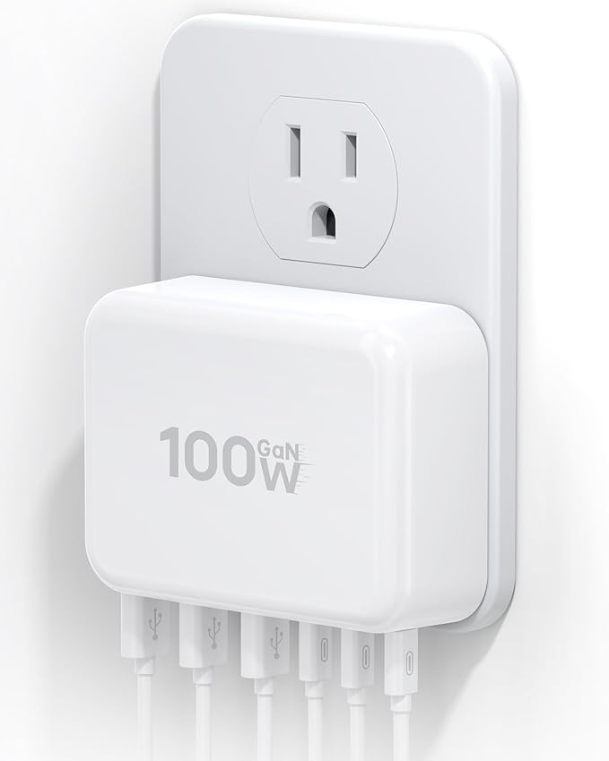 Flat USB Wall Charger, 100W 6-Port USB Charger Block, Fast Charging Block Station Outlet Plug Adapter with 20W Port Power Delivery and Type-C for iPhone 17/16/15/14/13/12/11/Pro Max/XS/XR/8/7,Tablets