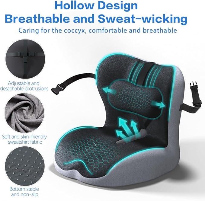 Adjustable Seat Cushion & Lumbar Support Pillow Set for Office Chair, Ergonomic Pillow for Sciatica Pain Relief, Memory Foam Back Support Pillow & Chair Cushion for Car seat, Desk Chair (black,grey)