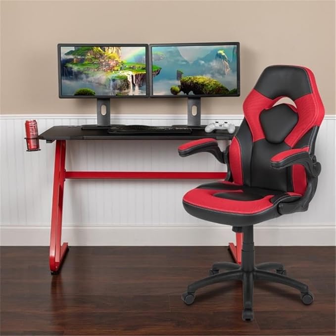 BOWERY HILL 2 Piece Gaming Desk Set, Black Laminate Top, Red Z-Frame, Includes Ergonomic High Back Chair with Flip-Up Arms, Cable Management, Cup Holder, and Headset Hook, Contemporary Style