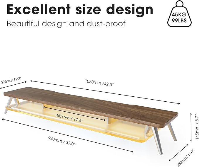 Fenge Dual Monitor Stand with 8-Mode LED Lights, 5.7" H Computer Monitor Riser with Acrylic Shelf & Aluminum Legs, Stable Desk Shelf Organizer for Computer Laptop Home Office & Gaming, Brown