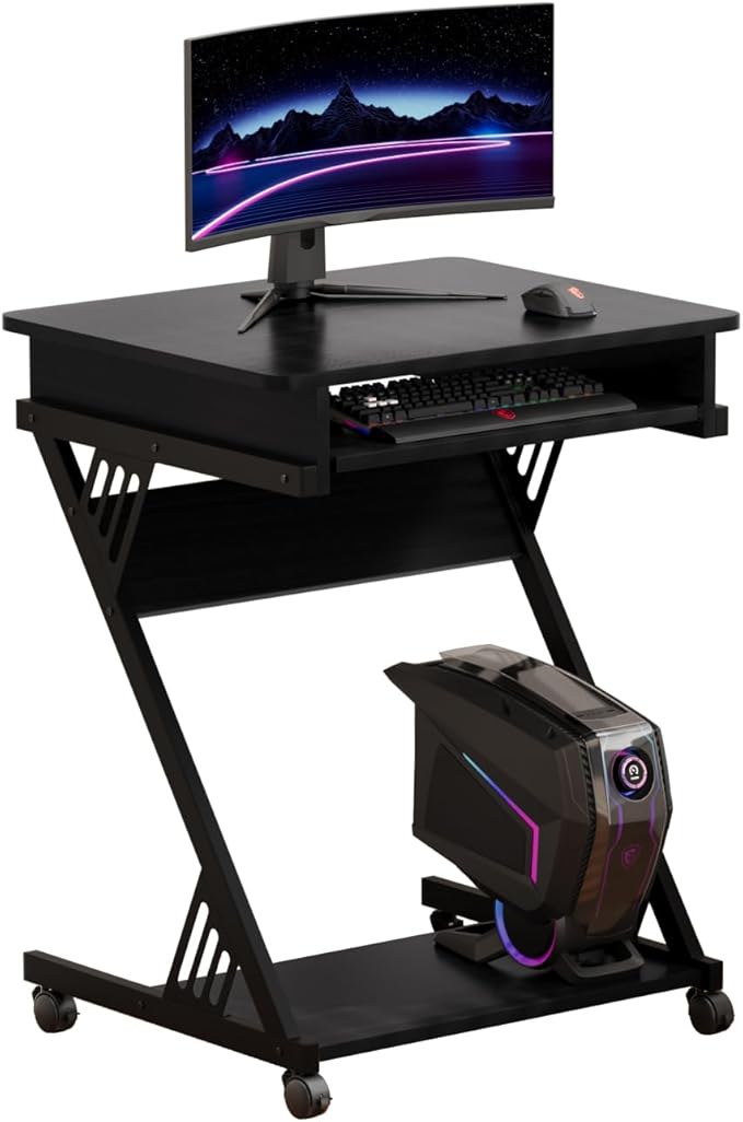 ALISENED 2 Tier Computer Desk with Keyboard Tray, 23.6" Home Office Desk Computer Workstation Rolling Study PC Laptop Table for Small Spaces,Z-Shaped Small Compact Study Table