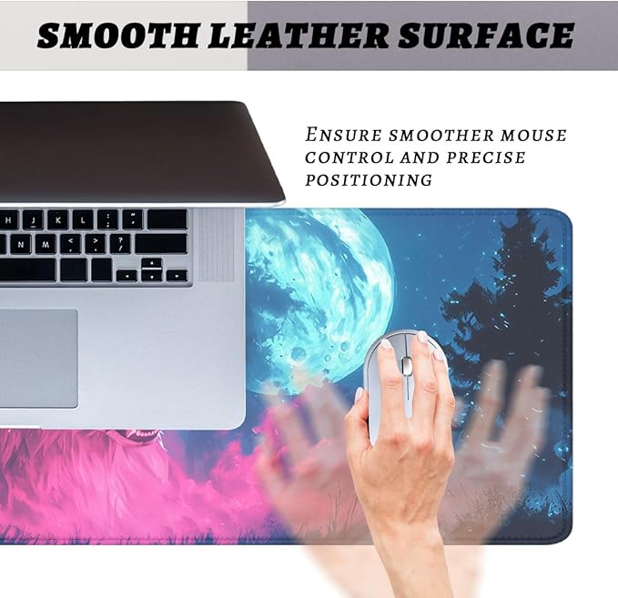Wolf Monster Mouse Pad Night Sky Blue Moon Pink Neon Weird Extended Mousepad XXL Computer Laptop Keyboard Mouse Mat Big Aesthetic Desk Decor Pad 31.5x11.8 in