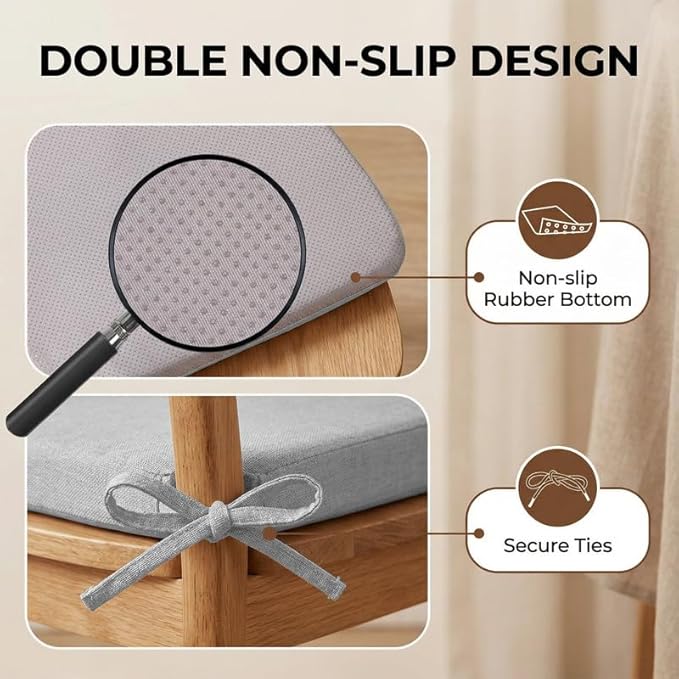 Chair Cushions Set of 6, D-Shaped Seat Cushion for Chair, Non Slip Chair Pads with Ties, 17" x 16" x 2", 40D Foam, Removable Washable Cover, Seat Cushions for Kitchen Chairs, Light Grey