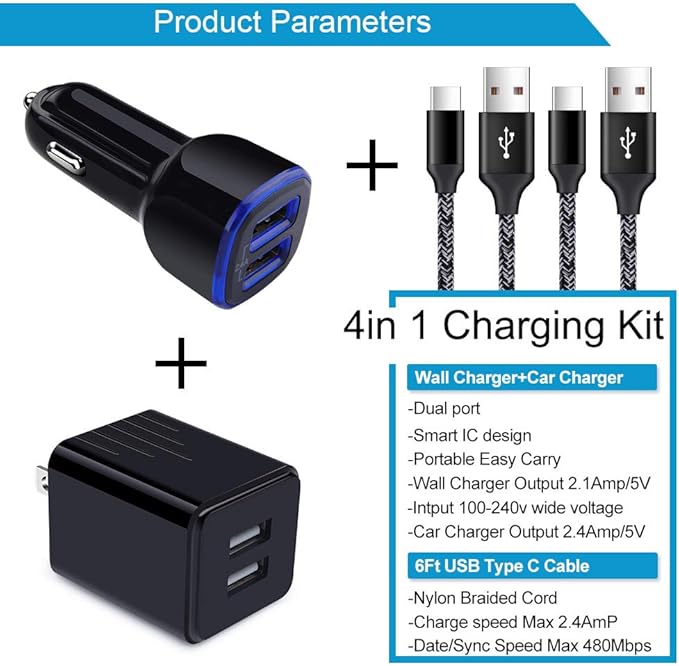 USB Charger for Samsung Galaxy S25 Ultra S24 FE A10E A50 A70 A80 S23 S22 S21 S20 S10E S9 A16 5G A15 A03s A04s A14 A13 A53 A54 A55 A51 A11 A21, Car Adapter, Wall Charger Plug Type C Fast Charging Cable