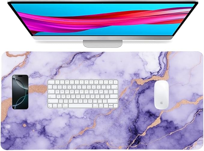 Modern Purple Marble Desk Mat, Luxurious PU Leather Desk Pad - Large Non-Slip Office Mat for a Stylish Gaming & Home Workspace, Aesthetic Desk Decor (23.6x11.8 Inch)