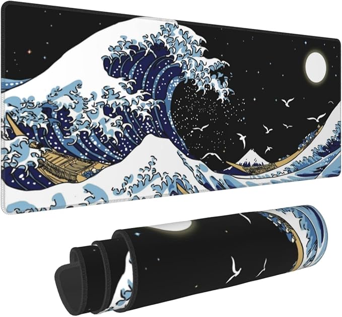 Kanagawa Surfing and Black Mouse Pad, Large Gaming Mouse Pad,Japanese Wave Desk Mat,Laptop Mousepad Non-Slip Rubber Desk Pad Keyboard Waterproof for Computer Desk Mat 11.8x31.5 in