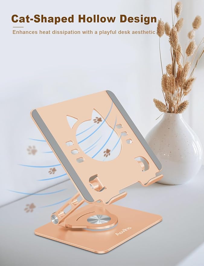 Aoviho Tablet Stand 360° Rotating Aluminum Holder, Adjustable, Portable and Foldable Monitors Stand for iPads, Compatible with 4-12.9" Tablets, Golden