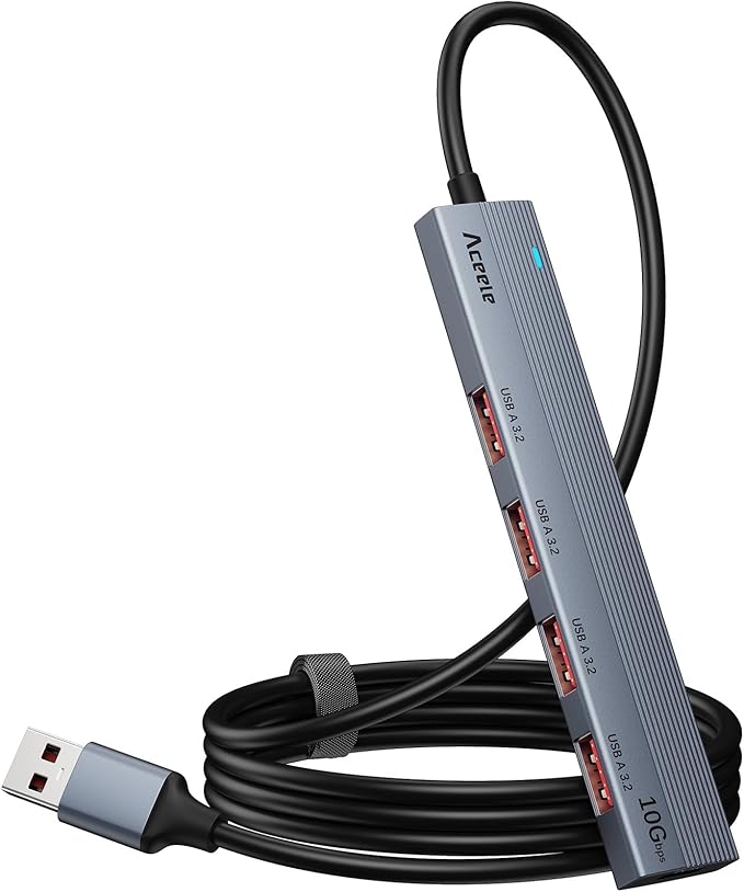 Aceele 10Gbps USB 3.2 Hub with 4 USB A 3.2 Ports, USB 3.2 Gen 2 Splitter with 4ft Extented Long Data Cable and Type-C Power Port, for Chromebook,Surface Pro 3,iMac,PS4 Flash Drive Data and More