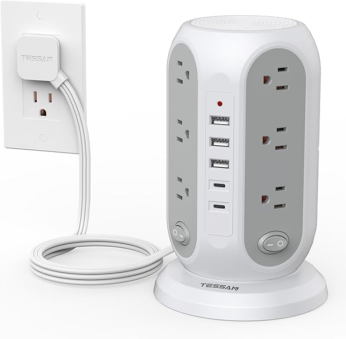 TESSAN Tower Power Strip with Individual Switches, Surge Protector with 12 Outlets, 5 USB Ports(2 USB C), Flat Extension Cord 6 Ft, 1250W, Charging Station for Multiple Devices, Office, Dorm, Grey