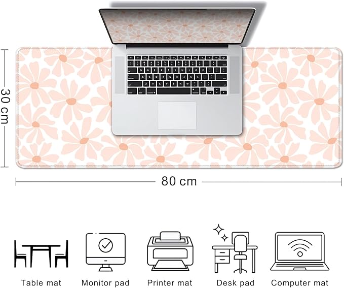 Pink Daisy Floral Boho Desk Mat, Girly Aesthetic Extended Large Mouse Pad, Minimalist White Non-Slip Cute Gaming Mousepad for Home Office Decor
