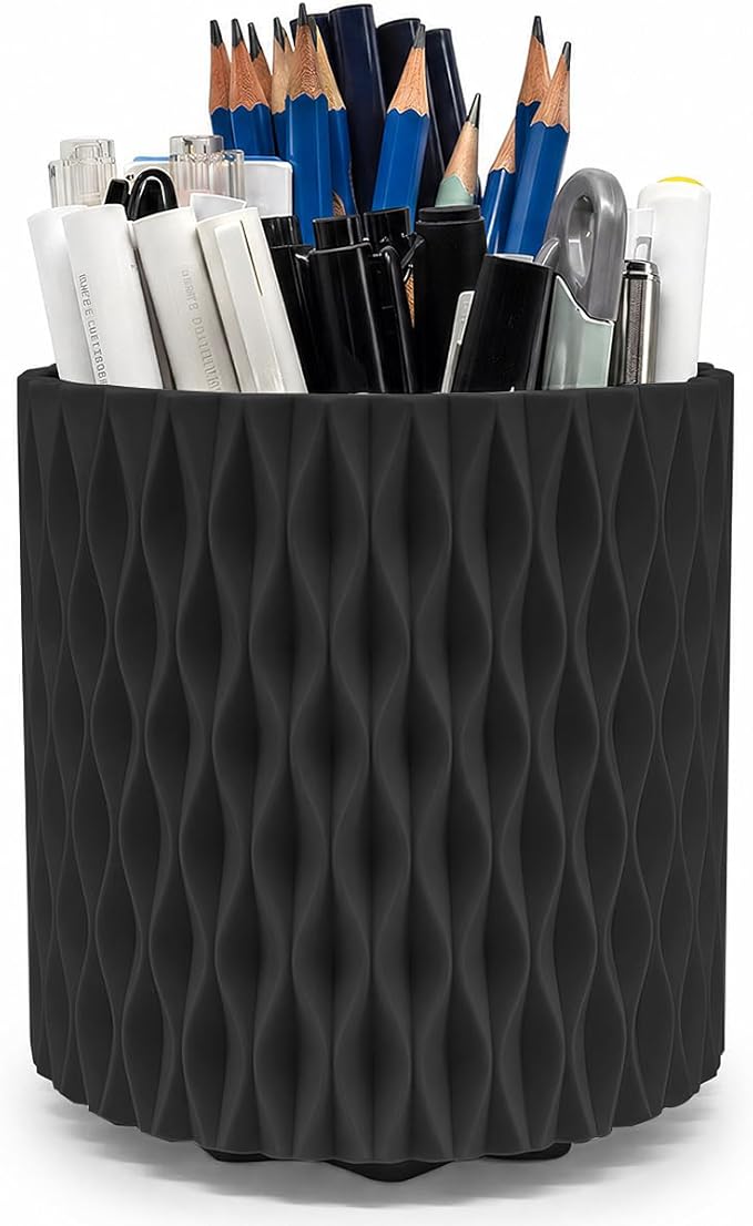 Lebenrich Aesthetic Black Pen Holder for Desk, Rotating Plastic Desk Pencil Holder Organizer for Home School Office