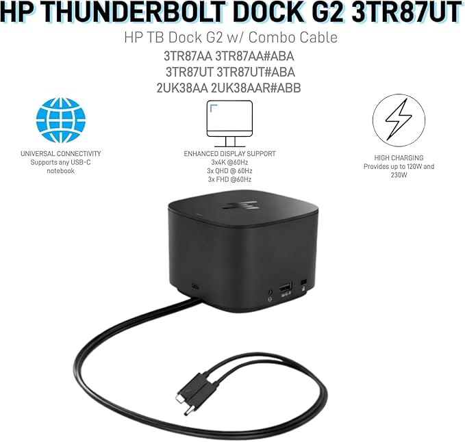 HP Thunderbolt Dock 230W G2 with Combo Cable 3TR87UT 3TR87UT#ABA 3TR87UTR Docking Station and Charging Bundle w/ 230W Power Supply, HDMI Cable, USB-C Cable, 4K DisplayPort to HDMI Adapter