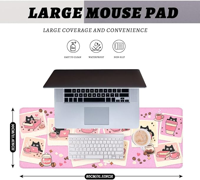 Black Cat Gaming Mouse Pad Cute Coffee Art Large Gaming Mouse Mat with Stitched Edges,Non-Slip Waterproof Rubber Base Mous Mat Office Computer Keyboard Laptop 31.5"x11.8"