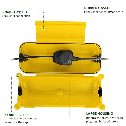 Flemoon Outdoor Extension Cord Safety Cover with Waterproof Protector Seal, Weatherproof Electrical Connection Box for Outdoor Outlets, Plugs, Sockets, Holiday Decorations, Power Tools, Yellow