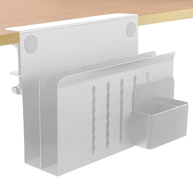 2 Tier Desk Side Storage Organizer, Under Desk Laptop Holder with Magnetic Pen Holder, No Drill Hanging Desk Caddy for Office and Home, Clamp On Desk Shelf for Tablet, Files,Accessories (White)