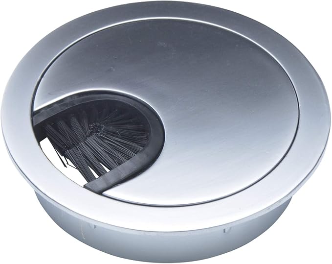 Matte Chrome Metal Cable Grommet | 2 Piece "Lock in" Feature with "Brush" Opening for Management of Office & Computer Desk Wires | 60mm (2 3/8") Hole Opening | 5 Pack