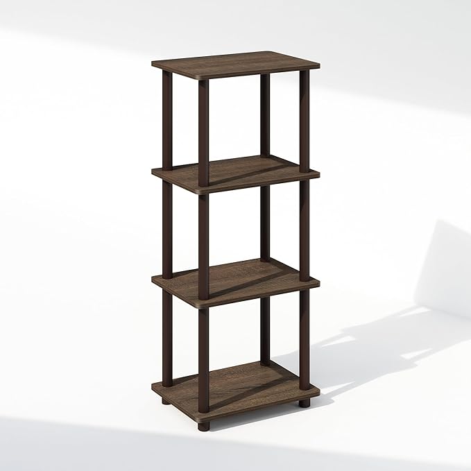 Furinno Turn-N-Tube Side Table, 3-Tier End Table with Open Shelf, Easy Assembly Night Stand, Bedside Table with Round Tube, for Living Room, Bedroom, Walnut