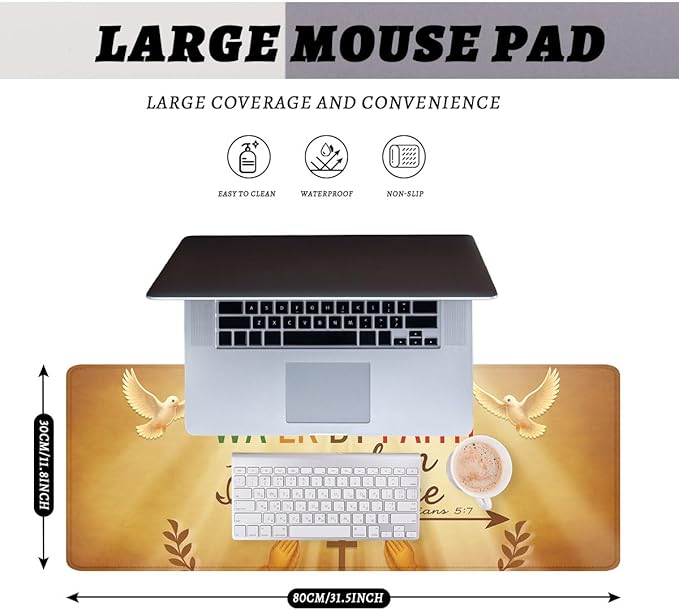 Christian Desk Mat Jesus Cross Faith Quote Walk by Faith XL Mouse Pad Large Mousepad Extended Laptop Keyboard Mat Gaming Desk Pad Mouse Mat 31.5"x11.8"