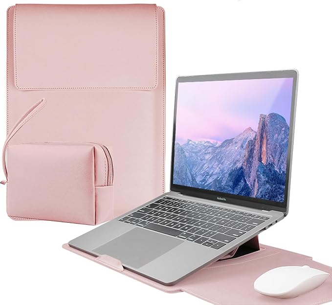 4-in-1 Laptop Sleeve with Stand and Mouse Pad, Faux Leather Protective Case with Accessory Pouch for 13.3-14 Inch Laptops, Pink
