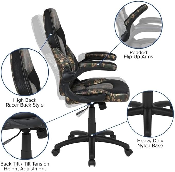 BOWERY HILL 2 Piece Z-Frame Gaming Desk Set, 51.5" W Black Laminate Desk with Red Frame, High Back Ergonomic Chair, Camouflage Mesh Inserts, Cup Holder and Headset Hook, Contemporary Style