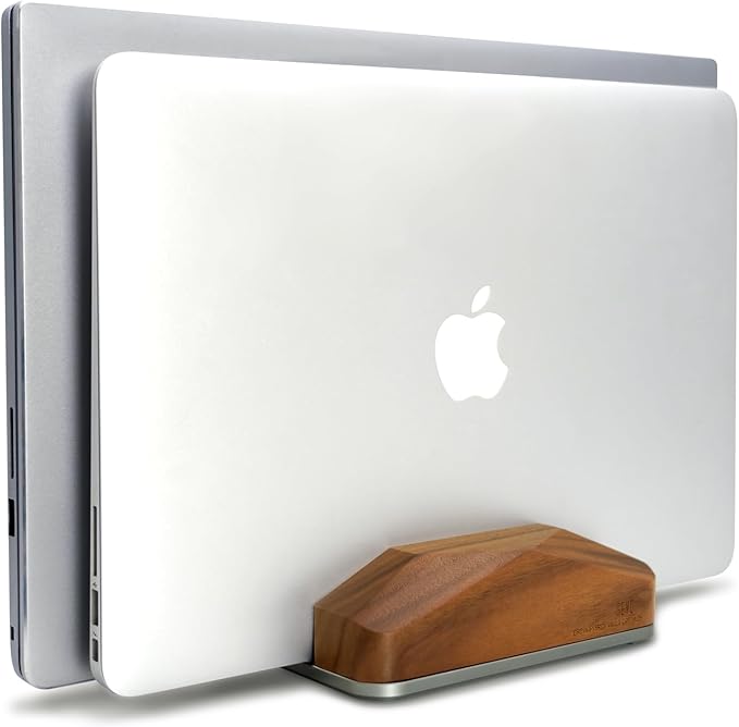 GEVO Dual Laptop Holder Vertical Laptop Stand, Natural Wood, Adjustable Dock, Wooden Laptop Stand, Vertical Laptop Holder for Desk, Widen Dock Fits All MacBook/Surface Pro 2 Devices (Black Walnut)