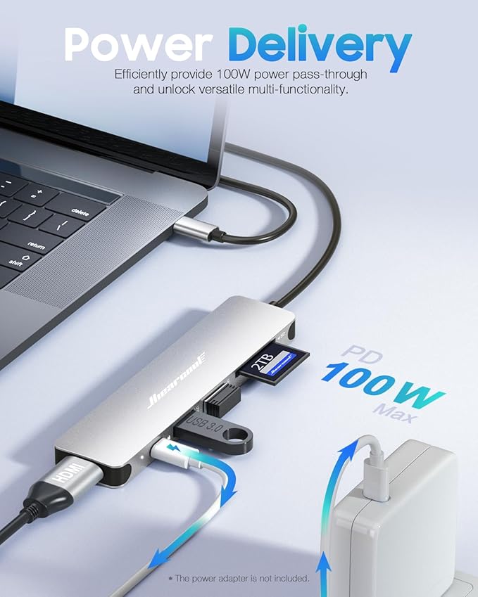 Hiearcool USB C Hub Multi-Port Adapter, 7-in-1 USB-C Dongle with 4K HDMI 100W PD SD/TF Card Reader, USBC Dock Compatible for MacBook Pro/Air Dell XPS Lenovo HP and Other Windows Laptops-Sliver White