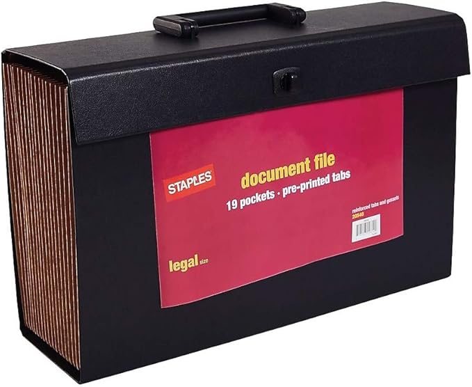 Staples Expanding File with A‑Z Index, Legal Size, 19‑Pocket Accordion Organizer, Durable Black Construction