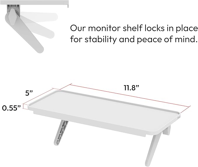 Pixio 12 inch White Monitor Storage Top Shelf - Adjustable Platform, Universal Fit, Holds Up to 13lbs, Works on TV, Flat, Curved Monitors, Storage for Webcams, Clocks, Phone, Figures