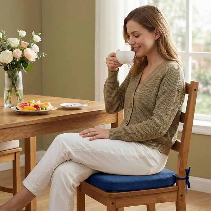 Chair Cushions Set of 2, D-Shaped Seat Cushion for Chair, Non Slip Chair Pads with Ties, 17" x 16" x 2", 40D Foam, Removable Washable Cover, Seat Cushions for Kitchen Chairs, Dark Blue