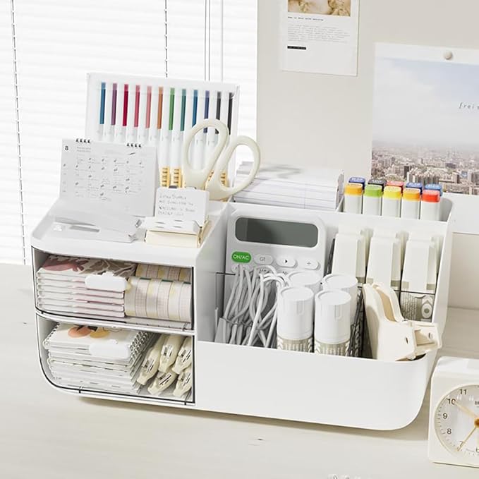 Drawer Organizers Accessories with 7 Compartments and 2 Drawers, Large Capacity Cosmetic Display Case, Pen Holder, Art Supply Storage Box Caddy for Office School and Home