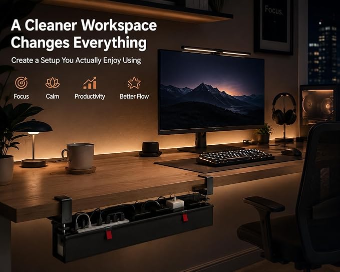Extra Large 90CM Under Desk Cable Management Tray, No Drill Clamp Mount Cord Organizer, Fabric Cable Management Basket for Standing Desk, Office & Gaming Desk Wire Management