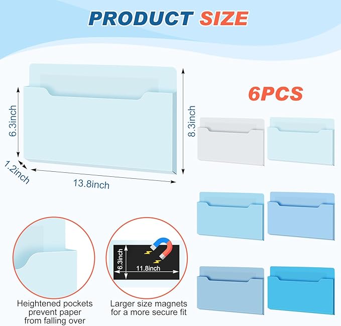 Fuutreo 6 Pcs Magnetic Wall File Organizer Magnetic Wall File Holder Refrigerator Magazine Holder for Mail Letters Paper(Ocean Color,Horizontal-large)