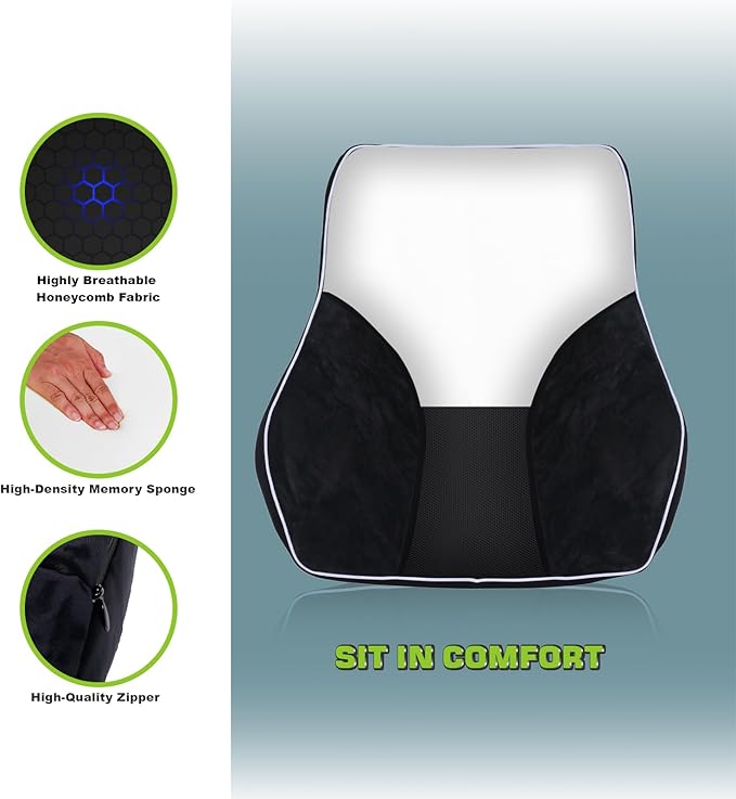 Lumbar Support Pillow for Office Chair, Memory Foam Back Support Cushion with 4-Zone Ergonomic Design, Breathable Mesh, Dual Strap Non-Slip for Car Seat, Desk Chair, Long Sitting