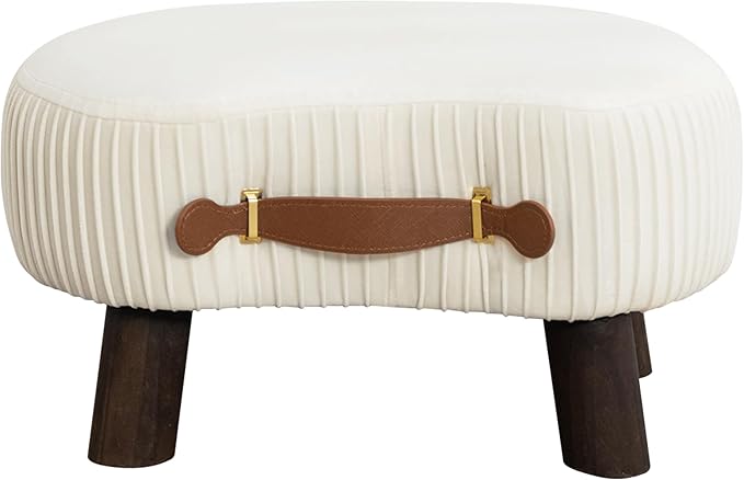 LUE BONA Small Curved Foot Stool with Handle, Beige Velvet Footstool and Ottomans, Modern Foot Rest with Wooden Legs, Step Stool with Padded Seat for Couch, Living Room