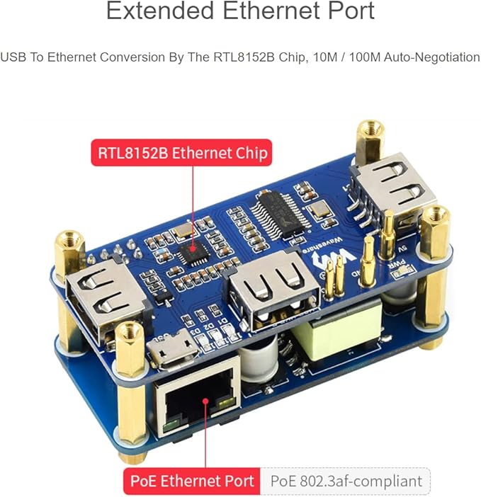 Waveshare PoE Ethernet USB HUB HAT with Box ABX Case for Raspberry Pi Zero/Zerow/2, with 1 RJ45 10/100M Ethernet Port, 3 USB Ports Compatible with USB2.0/1.1, 802.3af-Compliant