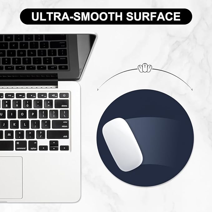 Leather Mouse Pad, Office Mouse Mat Non-Slip Rubber Base Stitched Edge Washable Waterproof Round Mousepad for Office Gaming PC Laptop, Round Diameter 8.7 inches, Dark Blue