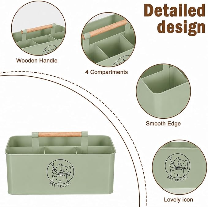 Premium Dog Cat Grooming Supplies Organizer with Wooden Handle,4-Compartment Metal Caddy for Pet Stuff -Powder Coated Dog Storage Bin for Hair remover Brush Nail Clipper Scissors-Green