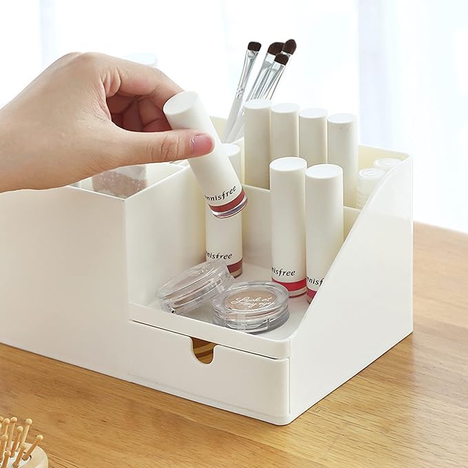 Desk Organizer with Bookshelf White Desktop Organizers and Accessories Bookends Multifunctional Office Stationary Organizer with Drawer Plastic Makeup Storage Box (Small, Beige)