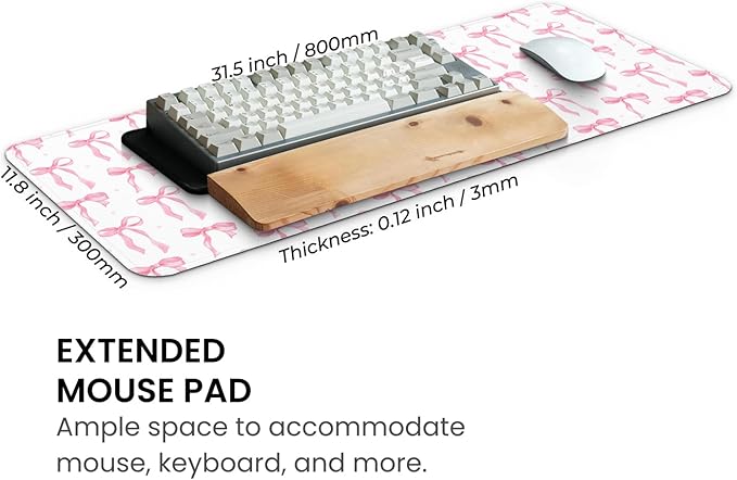 MAY FLOWER Gaming Mouse pad, Large Laptop Mousepad, Full Keyboard Mat, Long Computer Mouse Mat for Home and Office, Anti-Slip Rubber Base, 31.5 x 11.8 Inches (Coquette Bow)