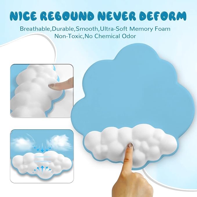 5 in1 Cloud Mouse Pad,Keyboard Wrist Rest,Mouse Wrist Rest Support,Mouse Pad Wirst Rest and Leather Coaster Set with Office Desk Mat,Memory Foam Ergonomic Easy Typing Pain Relief for Office and Home
