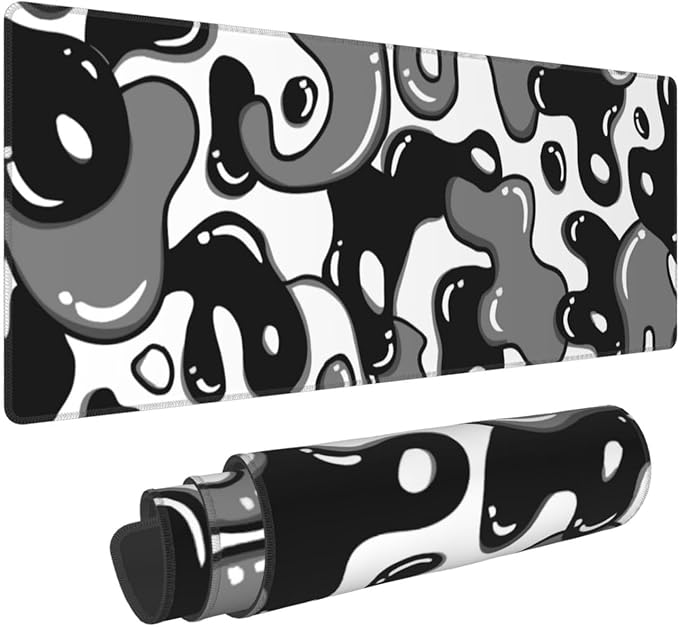Black White Geometric Japanese Mouse Pad Desk Mat 35.4" x 15.7" Abstract Extended Large Gaming Mouse Pad Black and White Non-Slip Base Stitched Edge Long Computer Keyboard Mat for Home Office Work