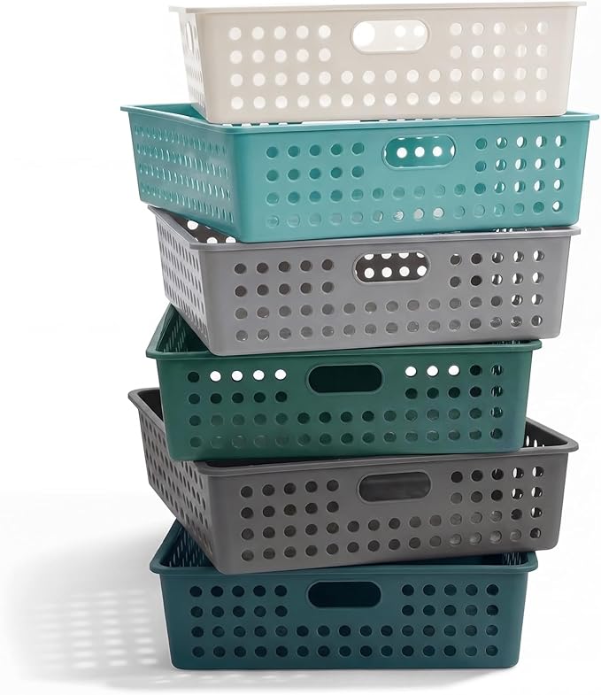 Geetery 6 Pack Classroom Storage Baskets with Handle 14''x10'' Paper Tray Holds A4 Turn in Trays Plastic Paper Baskets Desk Organizer Bin for Classroom, Library, Office, Home (Morandi Color)