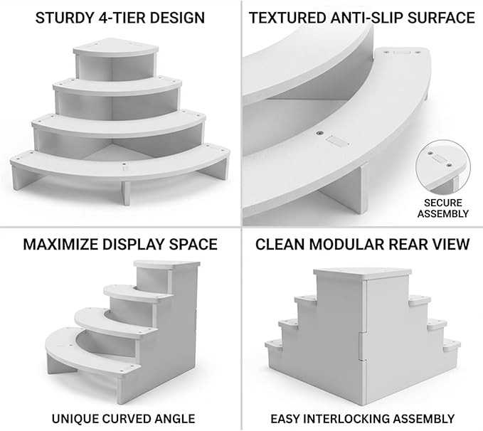 2PCS Tier Corner Shelf Display Riser for Figurines – Curved Wooden Display Shelf for Mini Figures, Collectibles, Space Saving Desktop Display Stand Organizer for Desk, Cabinet & Countertop (2)