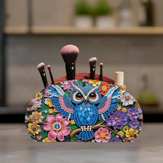 POETRYDRAW DIY Owl Diamond Art Painting Wooden Storage Box – Multi-Grid Moon Fan Makeup Brush Organizer, Double-Sided Drill Tabletop Holder for Women, Office & Home Decoration
