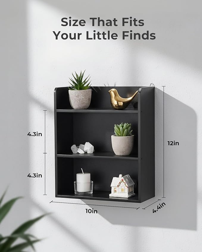 3-Tier Trinket Shelf, 10" x 12" Small Display Shelf for Desk or Wall, Wooden Knick-Knack Shelves for Collectibles, Perfume & Crystal Storage, Black