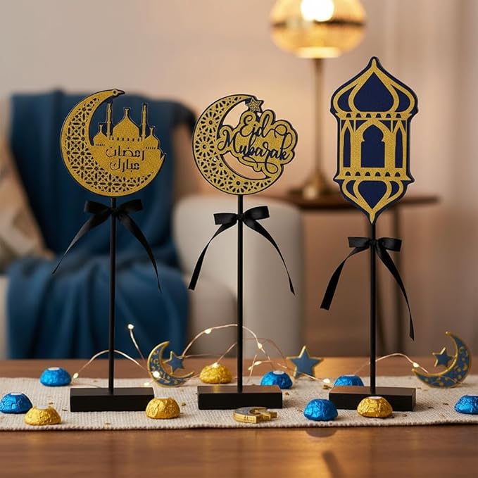 Smile Ramadan Wooden Decorations Eid Mubarak, Islamic Ramadan Tiered Tray Decor for Muslim Party Tabletop Decor Home