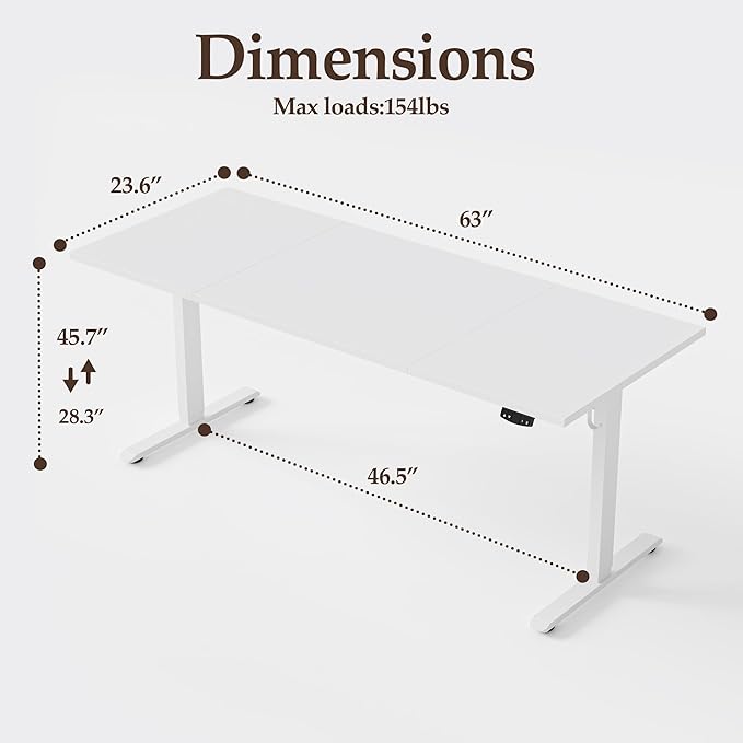 Klicelor 63 Inch Large Electric Standing Desk, Height Adjustable Office Desk, Sit Stand Up Computer Gaming Desk with Memory Preset, Three-Piece Desktop, White