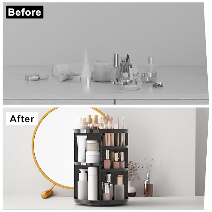 Rotating Makeup Organizer, DIY 8 Adjustable Layers Spinning Skincare Storage, Cosmetic Display Case with Brush Holder and Perfume Tray, Multi-Function Vanity Bathroom Countertop Organizer Black